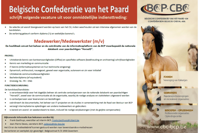 Belgische Confederatie van het Paard zoekt een nieuwe medewerker/medewerkster voor onmiddellijke indiensttreding